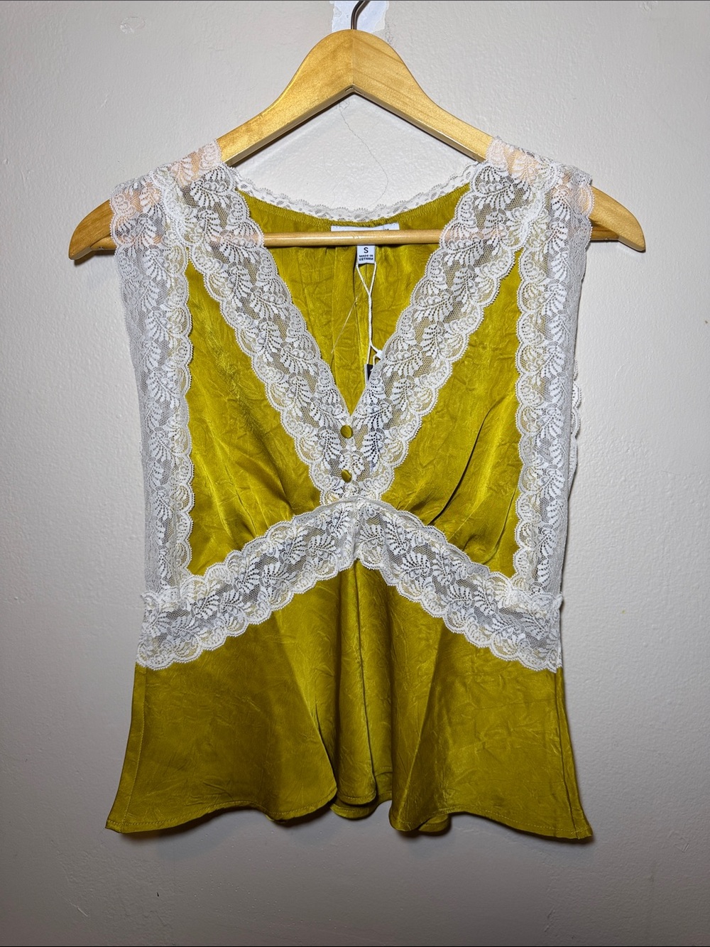 Steve Madden Yellow Satin Tank with White Lace Trim